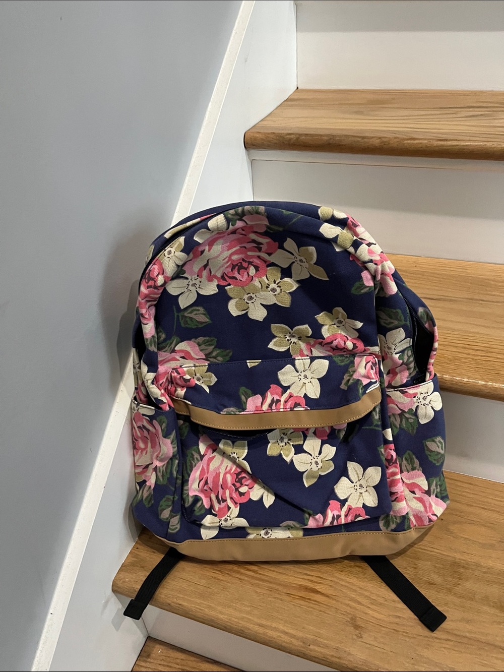 Navy Floral Backpack with Pink Rose Print
